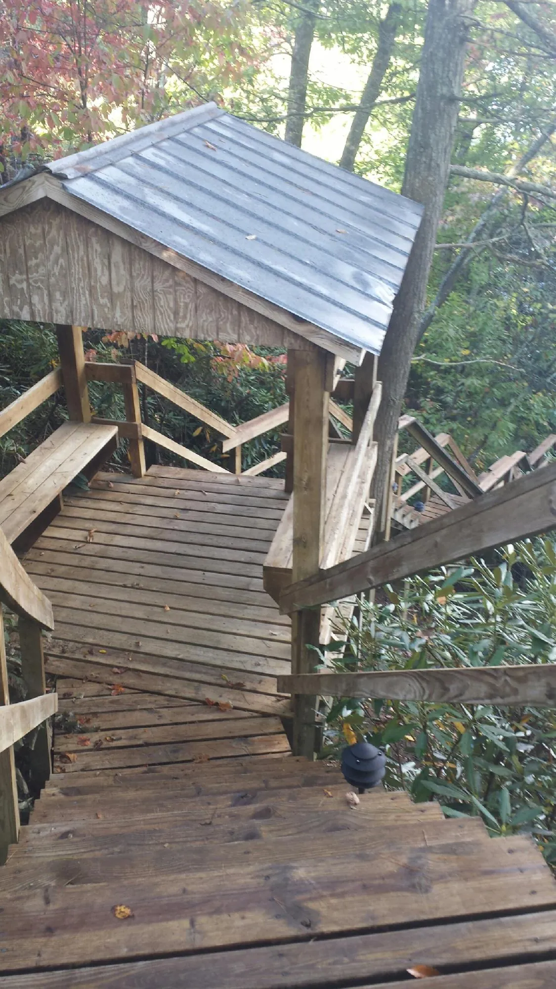 Metal roofed shelter over wooden steps on a wooded walkway — Skylight Repair & Installation work by our crew in Minoa